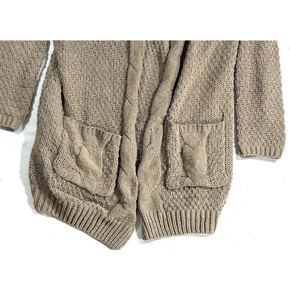 Pink Rose Beige Cable Knit Cardigan Sweater Small Open Front Longline Pockets - Picture 4 of 13